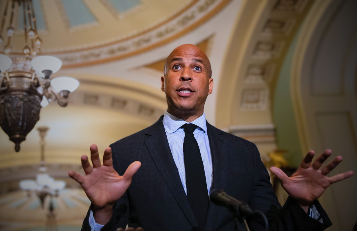 Sen. Cory Booker delivering his record-breaking speech from Monday, March 31 - Tuesday, April 1, 2025. | Thumbnail done on Canva. Image taken from https://vitalk.com.br/source/when-did-cory-booker-start-his-filibuster-5-things-to-know-about-senator-cory-booker