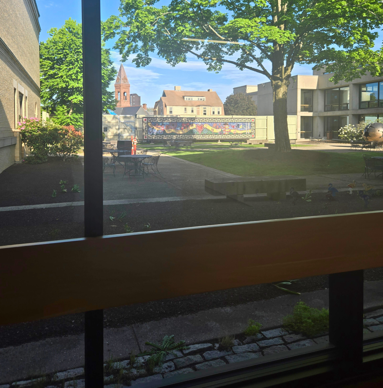 View of the outside from inside the gallery.